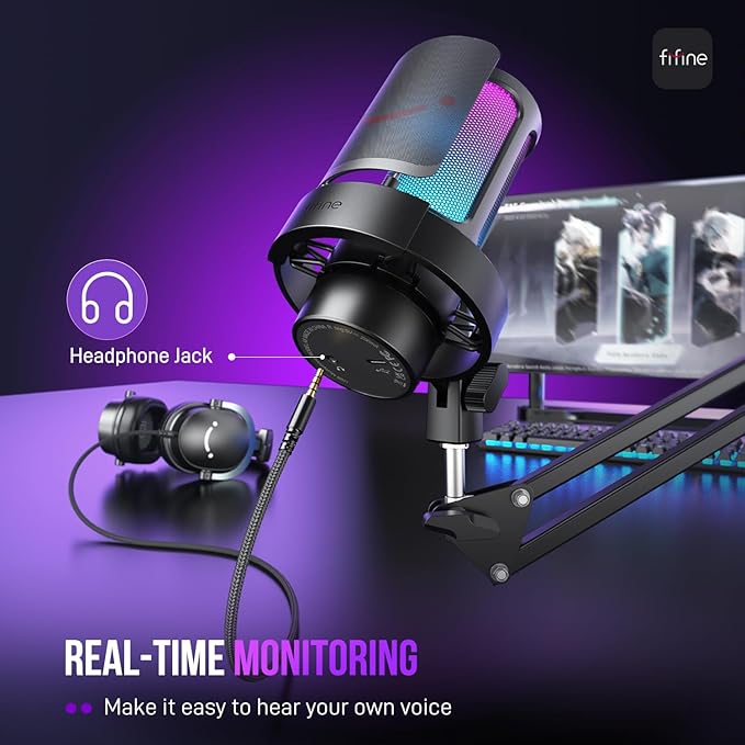 FIFINE USB Gaming Microphone Kit PC Streaming Mic with RGB Lights Mute Gain Knob Metal Boom Arm for Recording Podcast Condenser Computer Microphone Set Compatible with PS4/PS5-AmpliGame A8T
