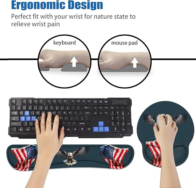 Keyboard Wrist Rest and Mouse Pad Wrist Rest Support Set with Coasters Non-Slip PU Base for Gaming and Office Comfortable &amp Lightweight for Easy Typing &amp Pain Relief American Flag Patriotic
