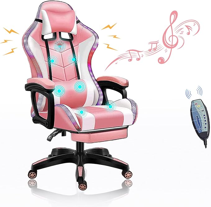 RGB Gaming Chair with Footrest Massage Video Gaming Chair with Bluetooth Speakers Lumbar Support 90°-135° Height Adjustment Computer Chair Reclining for Aldults and TeensPink