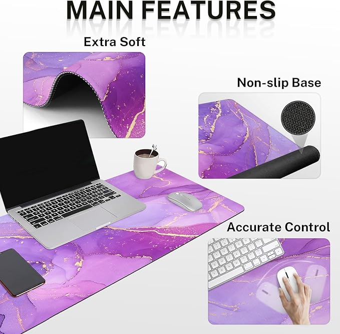 Desk Mat Painting Golden Purple Marble Mouse Pad Set 4-in-1 Large Mousepad+Keyboard Wrist Rest+Mouse Wrist Rest+Coaster with Ergonomic Design Non-Slip Mat