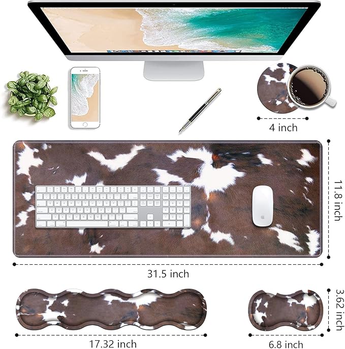 Ergonomic Keyboard Wrist Rest &amp Mouse Pad Wrist Rest Set Large XXL Gaming Desk Mat 31.5x 11.8 with Non-Slip Base Memory Foam Easy Typing Pain Relief for Home &amp Office Brown Cow Print