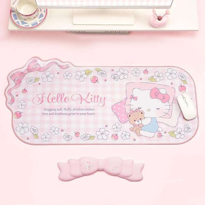 Kawaii Anime Mouse Pad Wrist Rest Support Set - Non-Slip Desk Mat and Memory Foam Bowknot Wrist Rest for Keyboard and MousePerfect for Gaming or Home Office Work - FlowerCat