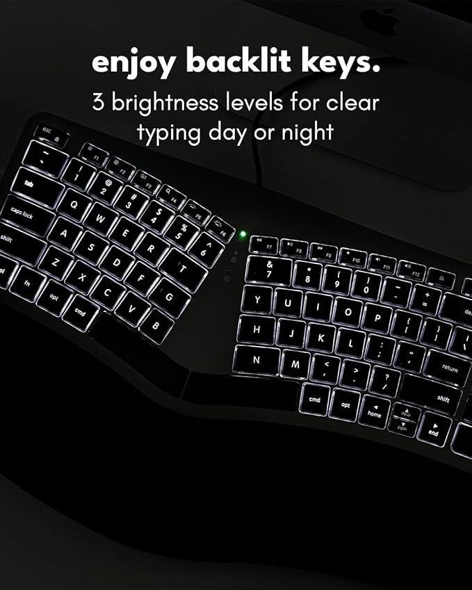 Macally Wired Ergonomic Keyboard for Mac - USB Hub Backlit Keys Dual USB C + A Plug Split Design Padded Wrist Cushion - Compatible Apple Keyboard for MacBook Pro/Air iMac iPad - Space Gray