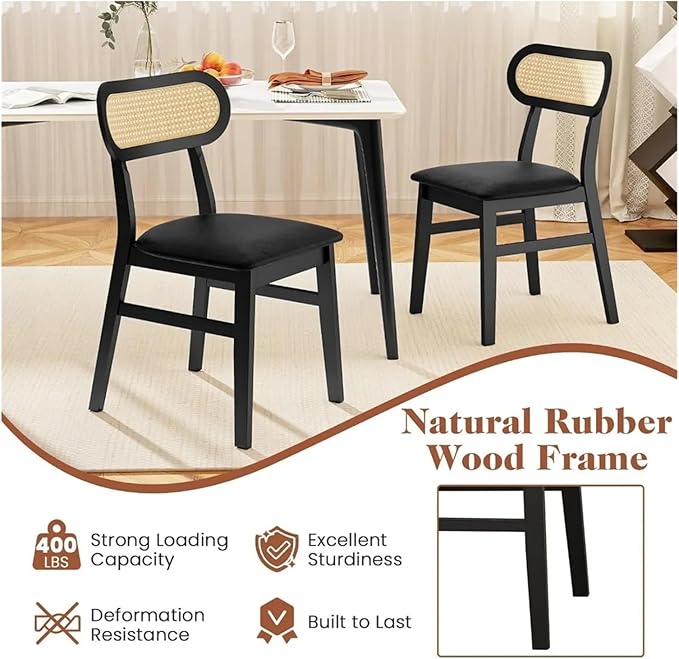 Adjustable Office Computer Chair with Armrest 1pcs Leather Upholstered Kitchen Dining Chairs with Breathable Mesh Cane Backrest and Rubber Wood Frame