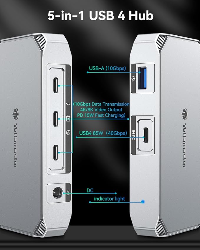 Yottamaster 40Gbps USB4 Dock Aluminum 5-in-1 USB C USB4 Hub with Triple Display 85W PD Charging for MacBook Dual Monitor Single 8K or Dual 4K@60Hz Compatible with USB4 Thunderbolt 4/3 [YUB4]