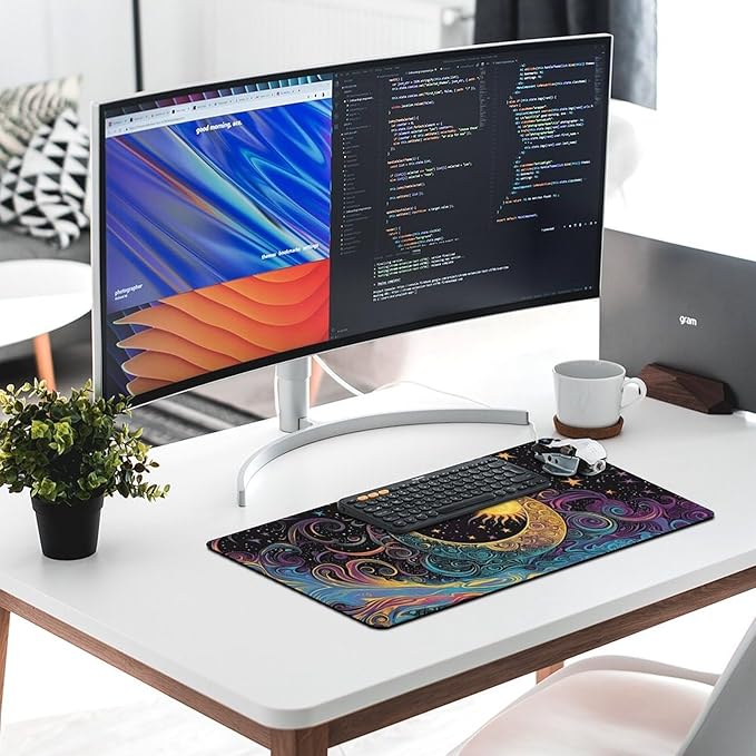 Abstract Moon and Sun Mouse Pad Large Desk Mat Extended Keyboard Mouse Pad with Non-Slip Base and Stitched Edge Mouse Mat Desk Pad 30x16 Mouse Pads for Desk Home Office Gaming