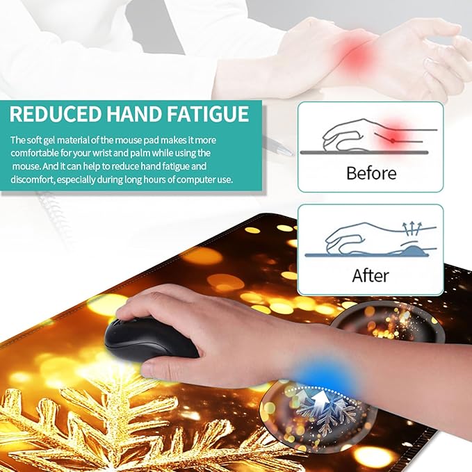 Keyboard Mouse Pad Set Extended Gaming Mouse Pad+Ergonomics Keyboard Wrist Rest Support Memory Foam Easy Typing Pain Relief 4Pcs XL Ultra Thick Desk MatGolden Snowflake Sparkling