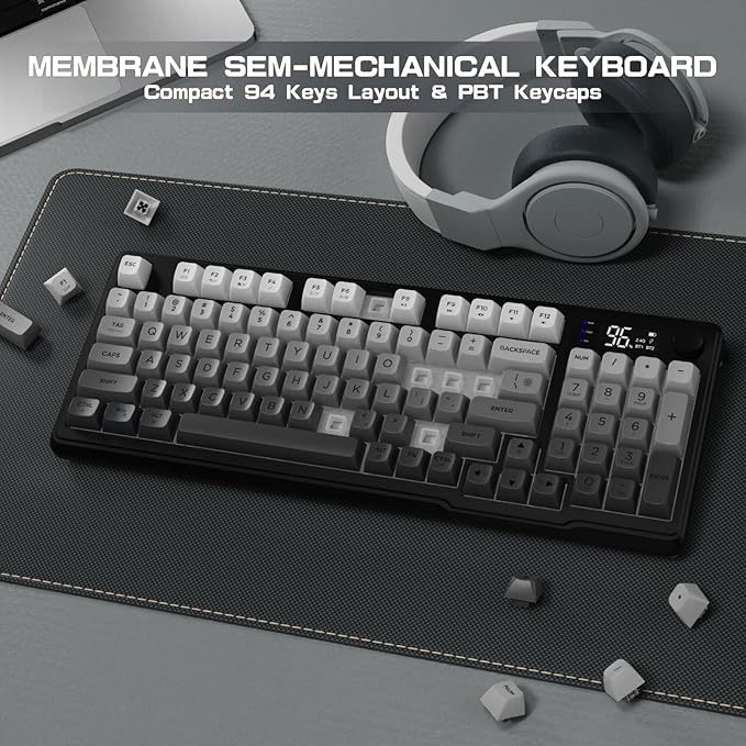 LexonElec M96 Wireless Keyboard Low Profile Quiet Typing Membrane Gaming Keyboard with Smart Display &amp Knob RGB Backlit USB C Rechargeable 94 Keys PBT Keycap for Windows PCMacLinux-Moonlit N