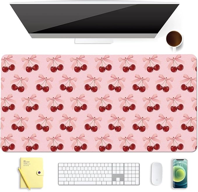 Cute Bow Cherry Pink Extended Gaming Keyboard Mouse Pad Non-Slip Leather Home Office Desk Mat Protector Laptop Desk Pad Writing Pad