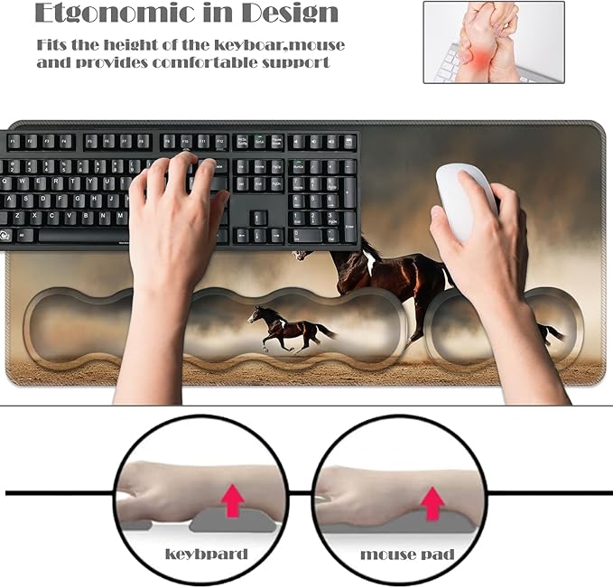 Ergonomic Keyboard Wrist Rest &amp Mouse Pad Wrist Rest SetXL Gaming Desk Mat 31.5x 11.8Non-Slip BaseMemory FoamEasy Typing Pain Relief for Office &amp HomeHorse Running