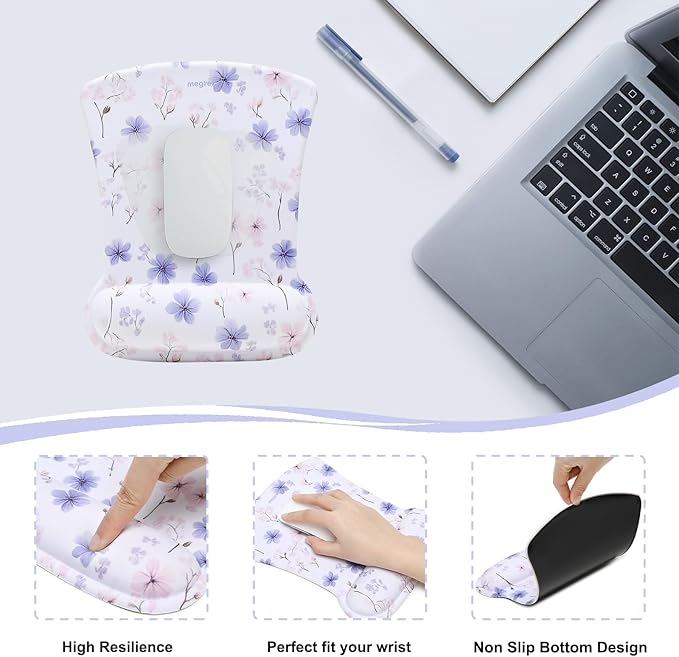 MEGREZ 4-in-1 Ergonomic Memory Foam Wrist Rest Set Desk Pad Mouse Pad with Wrist Rest Keyboard Pad Suitable for Office Workers Programmers &amp Gamers–Relieve Typing &amp Gaming Fatigue White