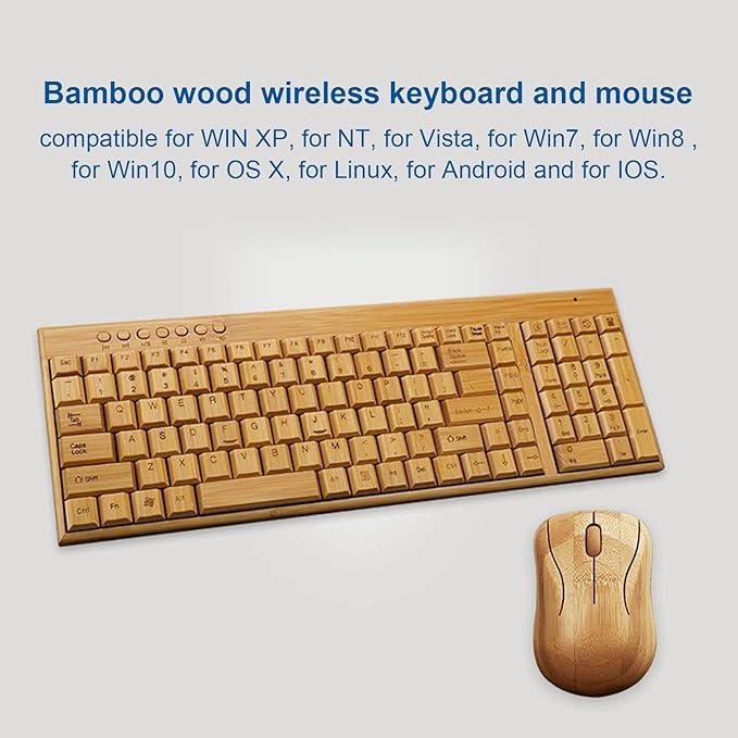 Bamboo Wood Computer Control Devices Plug and Play Computer Devices for PC Laptop USB Receiver (Keyboard)