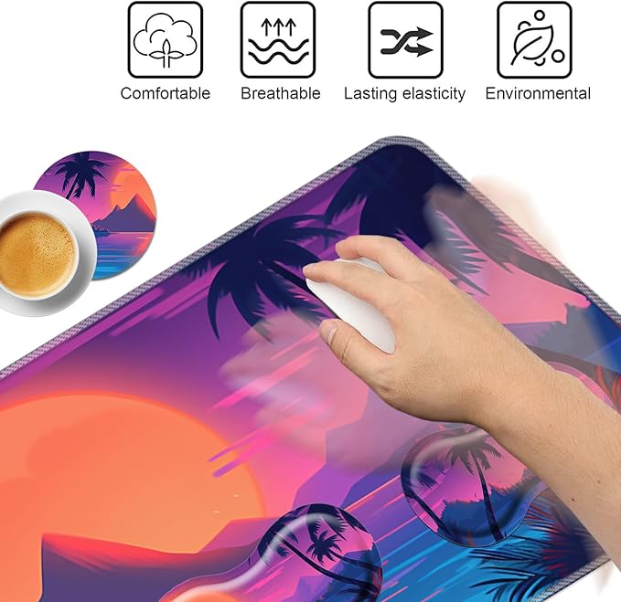 Keyboard Mouse Pad SetLarge Mouse Pad+Keyboard Wrist Rest+Wrist Support+Coaster31.5x11.8in Extended Desk Mat for Computer Laptop Office Home-Sunset Beach Palm Trees