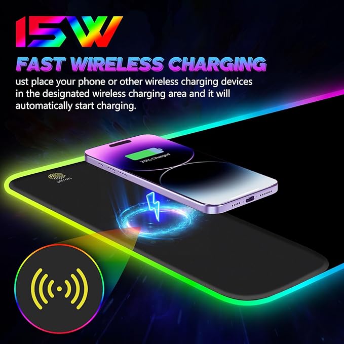 RGB Gaming Mouse Pad with Wireless Charging Large LED Mouse Pad with 10 Light Modes Extended Keyboard Pad Non-Slip Rubber BaseWaterproof Desk Pad for Home Office Black
