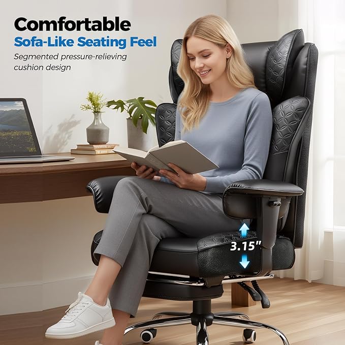 GTPLAYER Big and Tall Office Chair 400LBS Wide Ergonomic Gaming Chair with Deluxe Embossing Designed Leather with Foot Rest150°Reclining Adjustable Soft Armrests Pocket Spring Back Support and Pillow