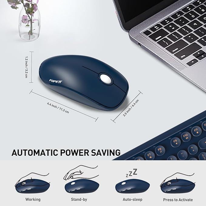 FOPETT Wireless Keyboard and Mouse Combo 104 Keys Full-Sized 2.4 GHz Round Keycap Colorful Keyboards USB Receiver Plug and Play for Windows Mac PC Laptop Desktop (DarkBlue)
