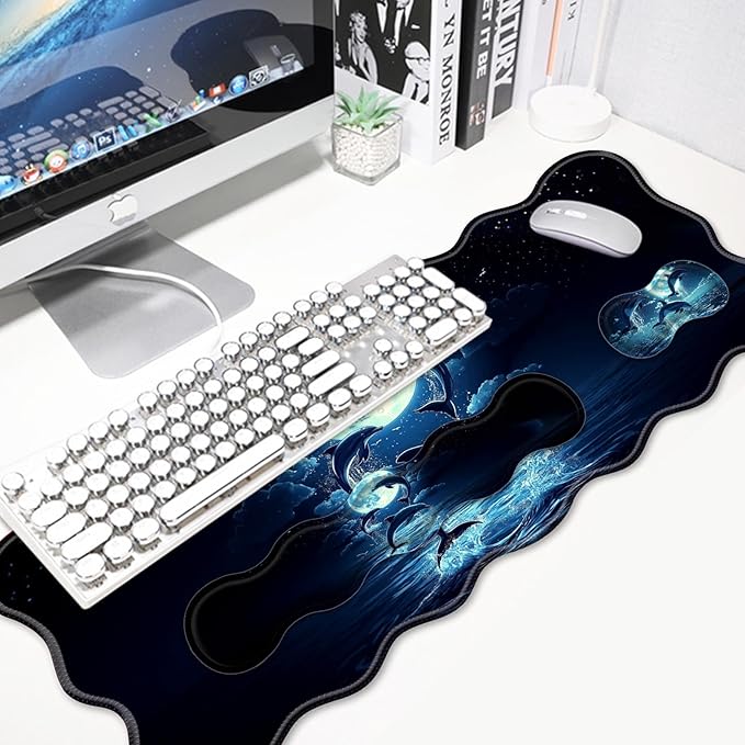 4 in 1 Desk Mat SetMouse Pad with Keyboard Wrist RestWave-Shaped DesignNon-Slip Rubber BaseWaterprooffor HomeOfficeGamingCute Dolphin