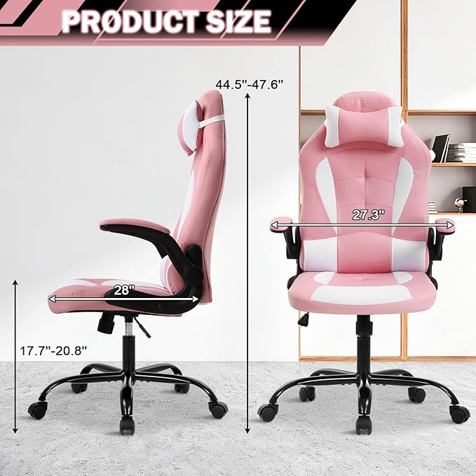 Gaming Chair Racing Chair with Lumbar Support - High Comfort PU Leather Ergonomic Office Desk &amp PC Gaming Chair for Adults Men Women - Flip-Up Arms &amp Headrest Pink