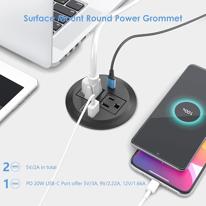 Recessed Power Grommet with AC Outlets 20W Fast Charging USB-C Port - Flush-Mount for DesktopWorkspace Essential Desk OutletETL Listed (Pack of 2)