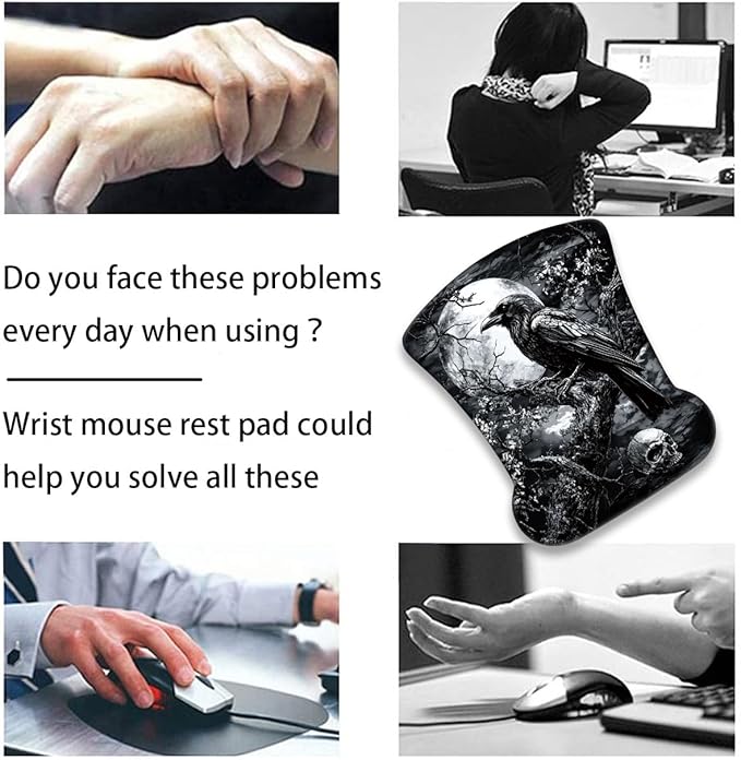 Mouse Wrist Rest and Keyboard Wrist Rest Pad+ Coaster Set Non-Slip Rubber Base Smooth Surface Ergonomic Gaming Mouse Pad for Easy Typing and Pain Relief Crow Skull
