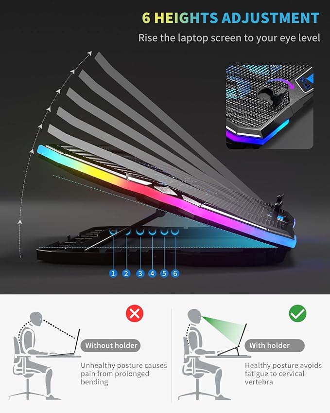 KeiBn Upgrade Laptop Cooling Pad A13RGB Lights Laptop Cooler 6 Fans for up to 15.6 Inch Laptops10 Modes Light 7 Height Stands 2 USB Ports - Blue
