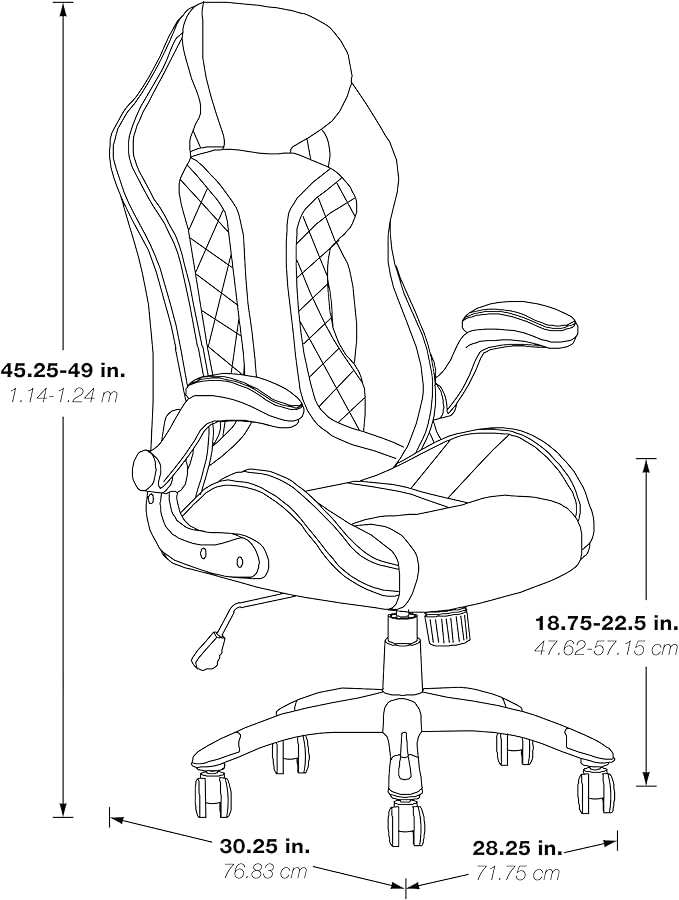 OSP Home Furnishings Xplorer 51 Ergonomic Adjustable High Back Gaming Chair with Lumbar Support and Padded Flip Arms Black Faux Leather with White Trim