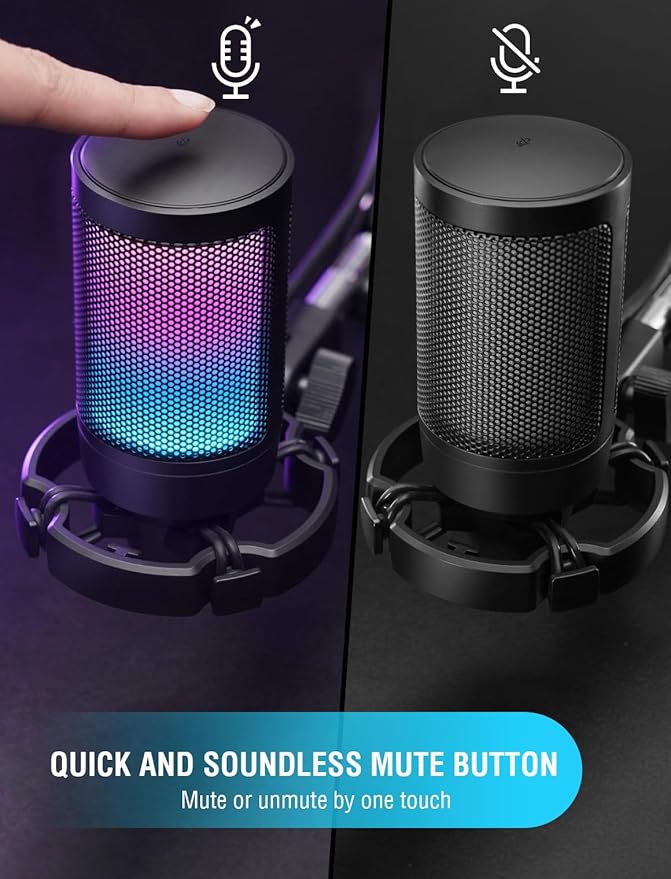 FIFINE Gaming USB Microphone for PC PS5 Condenser Mic with Quick Mute RGB Indicator Tripod Stand Pop Filter Shock Mount Gain Control for Streaming Discord Twitch Podcasts Videos- AmpliGame