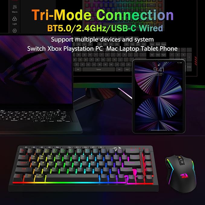 Redragon Portable Wireless Gaming Keyboard Bluetooth/2.4GHz/USB-C Wired RGB Backlit 60% Mini Quiet Macro Membrane Keyboard Rechargeable 4000mAh Battery Anti-Ghosting for Win/MAC