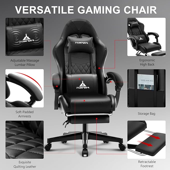Gaming ChairErgonomic Massage Computer Office Desk Chair with FootrestPocket Spring CushionReclining Leather Adjustable Gamer Chair with Headrest and Lumbar SupportBlack