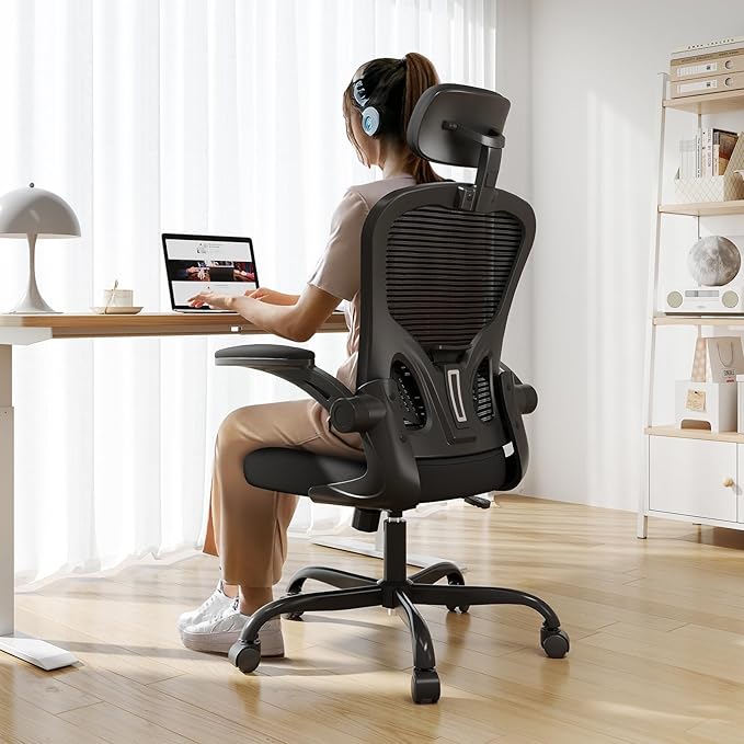 Office Chair Ergonomic Desk Chair 330LBS Capacity High Back Computer Chair for Long Hours Comfortable Rolling Swivel Executive Task Chair for Home Office with Flip-up Armrests Black