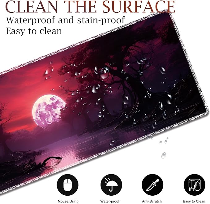 Large Gaming Table Pad 31.5 x 11.8 + Keyboard Wrist Pad + Mouse Wrist Pad + Coaster Non-Slip Base 4-in-1 Set Ergonomic Memory Foam Easy Typing Pain Relief Eerie Pink Purple Moon River