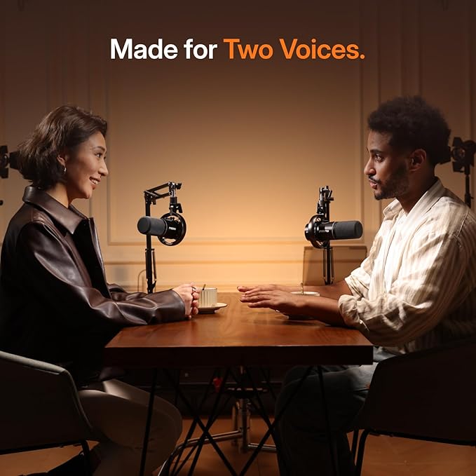 MAONO PD200W Hybrid Wireless Podcast Equipment Bundle for 2 XLR USB Dynamic Microphone Kit with 2 Desktop Stand Software Noise Cancellation for Co-hosted podcast Vocal Recording Content Creation