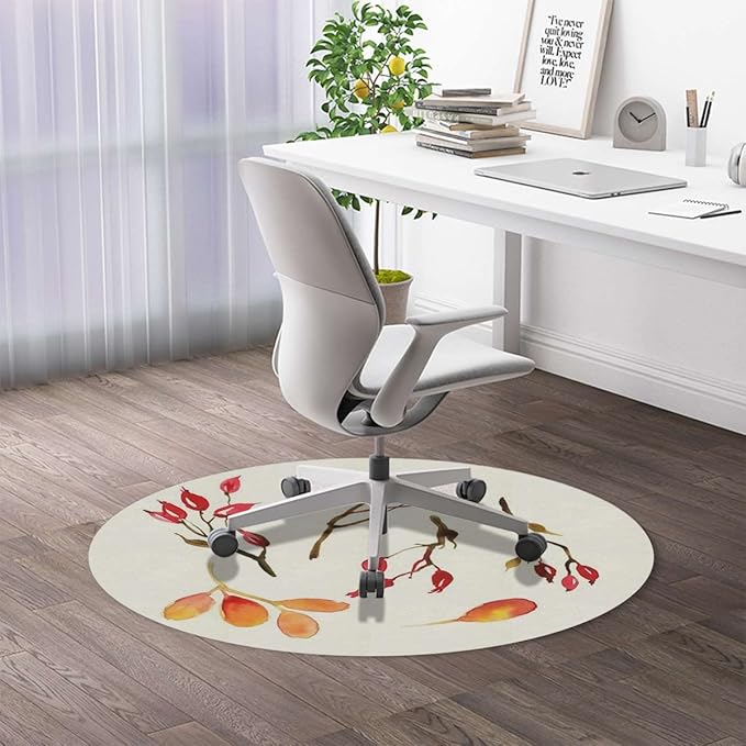 Purplegrey Red PU Leather Round Desk Chair Mat Floral Autumn Flowers Colors Leaf Anti Slip Floor Protector for Home Office Modern Art Diameter 39.4 in
