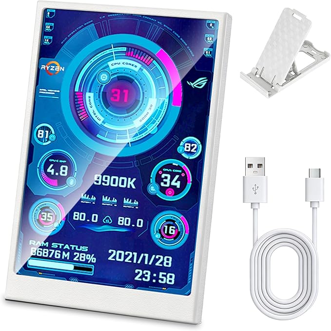 3.5 Inch IPS USB Mini Screen No Installation AIDA64 Pc Case Screen Computer Temp Monitor PC Temperature Display with Stand USB Cable Manual (1PcsWhite)
