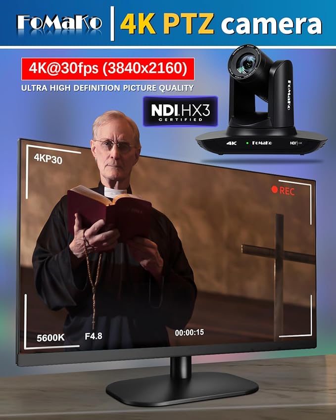 FoMaKo 4K PTZ Camera HDMI NDI AI Auto-Tracking Gen 3 20X Optical Zoom PTZ Camera 4K for Church Worship(Support NDI 6 &amp NDI HX3) K20UH NDI VersionBlack