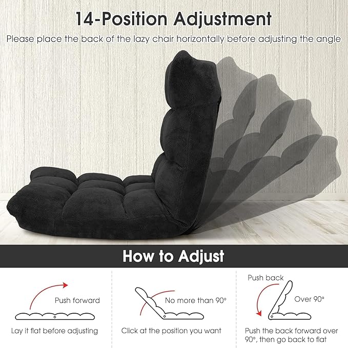 14-Position Floor Chair with Back Support - Lazy Sofa with Soft Coral Fleece Folding Gaming Seat Couch Recliner for Reading Meditating Yoga (Black)