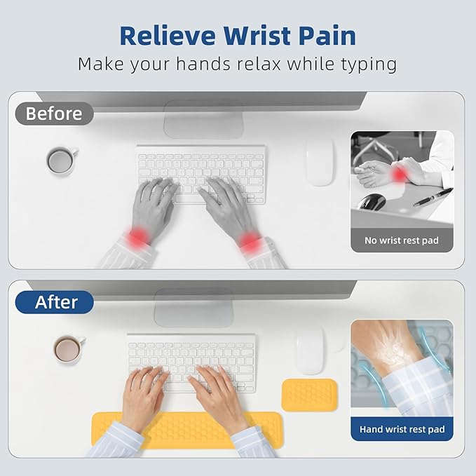 Leather Wrist Rest for Keyboard and Mouse Comfort Memory Foam Wrist Rest with Non-Slip PU Base Ergonomic Keyboard Wrist Support for Typing Pain Relief Protect Hand and Arm (Yellow)