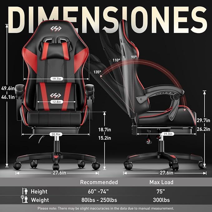 HLDIRECT Gaming Chair Ergonomic Computer Office Chair with Lumbar Support Footrest Headrest PU Leather 360° Swivel Adjustable Height Metal Frame 200 lbs Capacity (Black&ampRed)