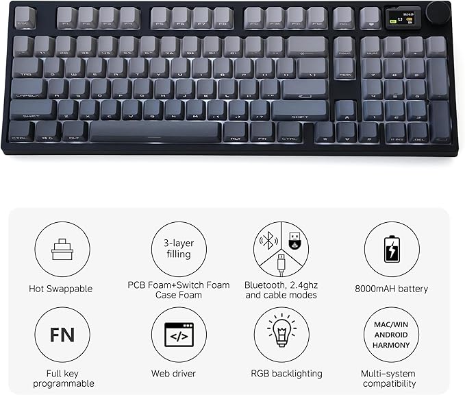 NJ98 Wireless Custom Mechanical Keyboard with Screen Knob 96% Hot Swappable RGB Keyboard Mac Windows (Black Samurai Brass Plate-Box Deep Sea)