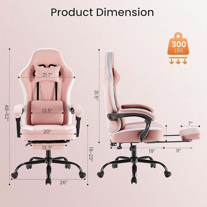 Sweetcrispy Video Gaming Chair - Ergonomic Desk Chair with Footrest and Lumbar Support Height Adjustable High Back Task Chair with Linkage Armrests and Headrest 360° Wheels Pink