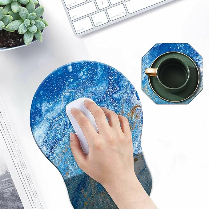 Mouse Pad with Wrist Support Gel Blue Ocean Pattern Design Ergonomic Gaming Mousepad with Wrist Rest for Laptop Computer Home Office Working Mouse Mat + A Cute Coffee Pad