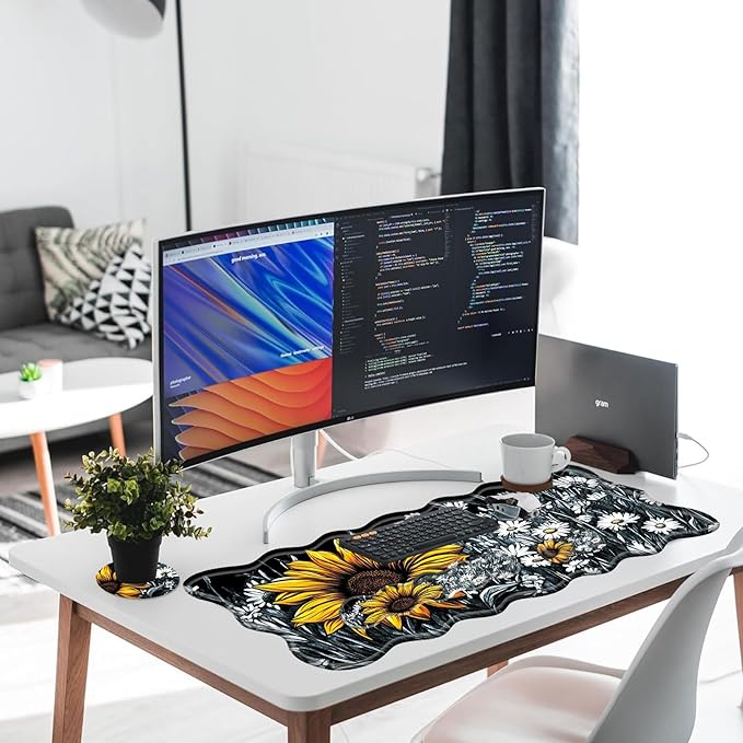 Large Gaming Mouse Pad Keyboard Wrist Rest Pad &amp Wrist Support Mousepad Set Stitched Edge Extended Non-Slip Base Memory Foam Desk Mat for Office HomeSunflowers and Daisies