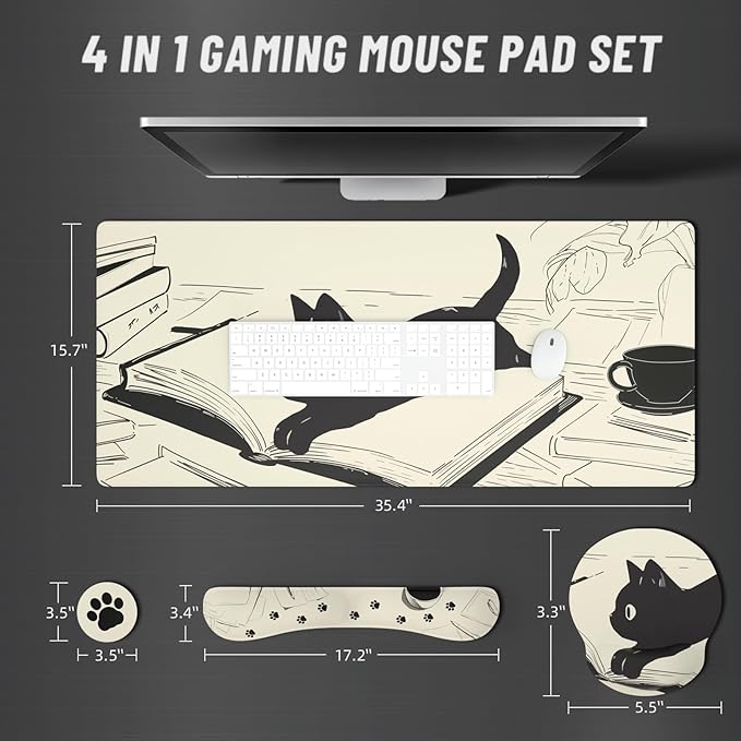 Ovenbird Mouse Pad Set 4-in-1 | Large Gaming Mousepad Keyboard Wrist Rest Mouse Wrist Support Coaster | Ergonomic Office Desk Mat Accessories for Women Men | 4PCS 35.4 x 15.7in Black Cat