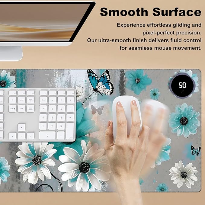 Heated Desk Pad 31.5 x 13 3 Large Heated Mouse Pad with Heat Levels (40°C/45°C/50°C) &amp 3H Auto Shut-Off Desk Mat Fast Heating PU Leather Warmer Mousepad for Home OfficeSunflowers and Butterflie