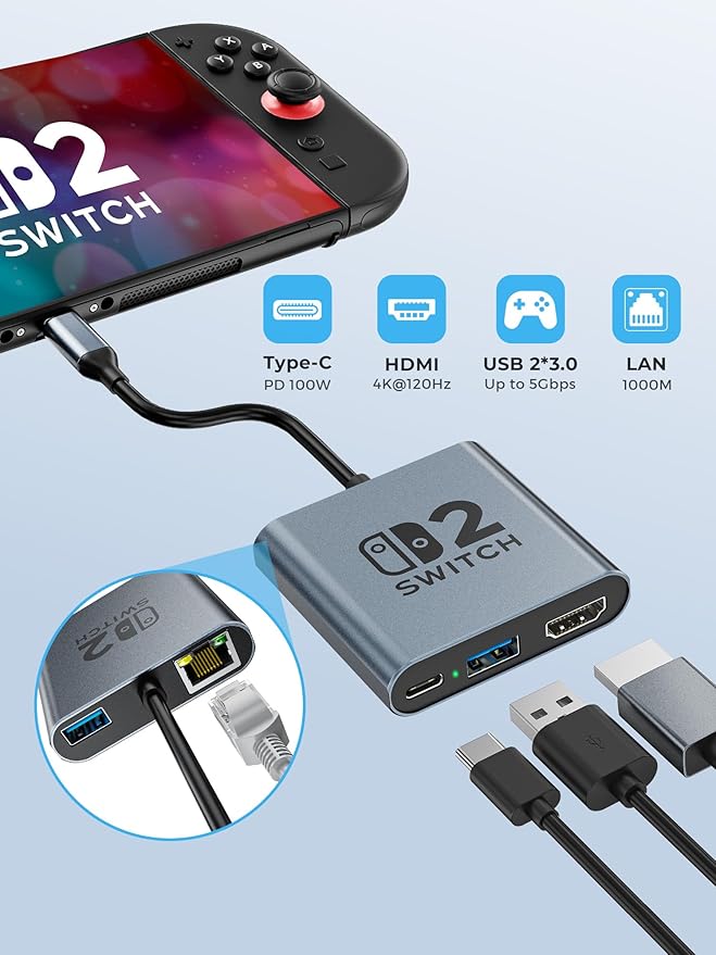 Switch 2 DockPortable USB C Docking Station with 4K@120Hz/PD 100W/1000M Ethernet/2 USB 3.0 PortAluminum Alloy Travel TV Dock for Switch/Steam Deck/ROG Xbox Ally X/Legion Go 1/2/S