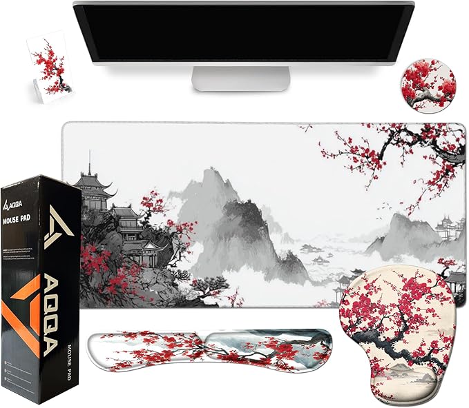 AQQA Japanese Desk Mat Set Large Gaming Mouse Pad with Wrist Rest Ergonomic Mouse Pad Keyboard Mat Wrist SupportPhone HolderCup CoasterHome Office Desk Accessories Decor Supplies Cherry Blossom