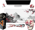 AQQA Japanese Desk Mat Set Large Gaming Mouse Pad with Wrist Rest Ergonomic Mouse Pad Keyboard Mat Wrist SupportPhone HolderCup CoasterHome Office Desk Accessories Decor Supplies Cherry Blossom