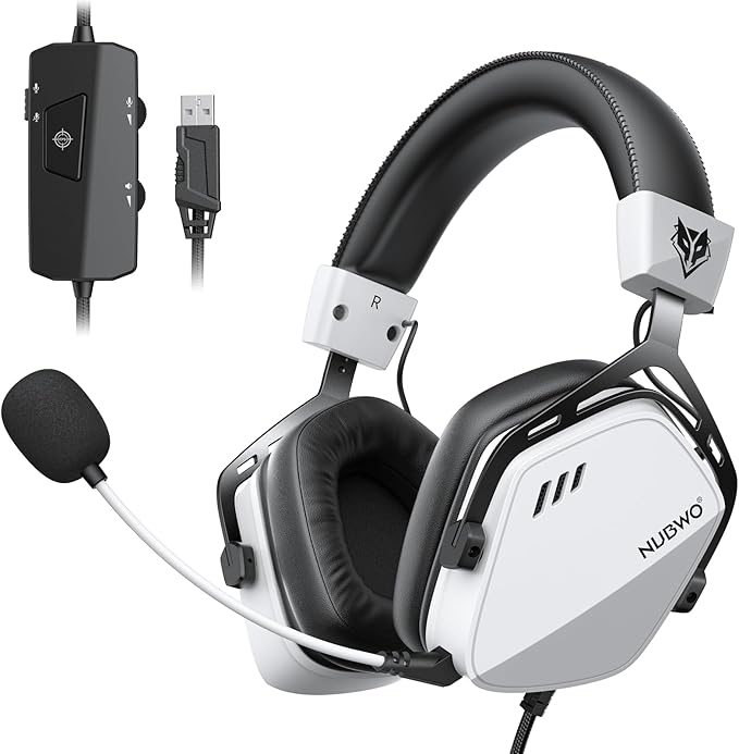 NUBWO HG03 Wired USB-A Gaming Headset for PC Computer Headset with 7.1 Surround Sound Noise Canceling Mic 50MM Driver Wired Headphones for PC Laptop Office - White