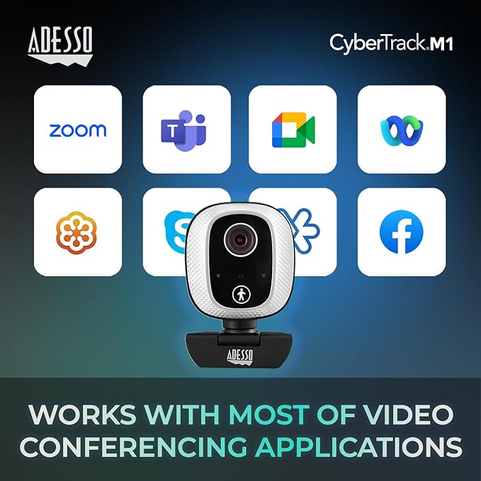 Adesso Motion Tracking 1080P Web Camera CyberTrack M1 H.264 Fixed Focus USB Webcam with 305° Auto Tracking Built-in Microphone and Tripod Mount