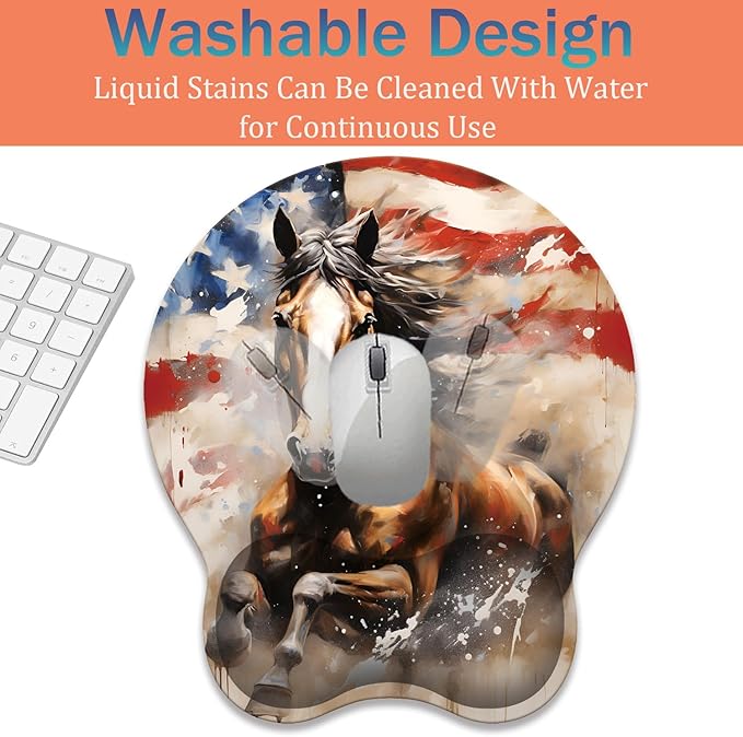 Ergonomic Keyboard Wrist Support Pad and Wrist Support Mouse Pad Anti-Slip with Gel Memory Mouse Pad Set Suitable for Office Use/Home Use - American Flag and Horse